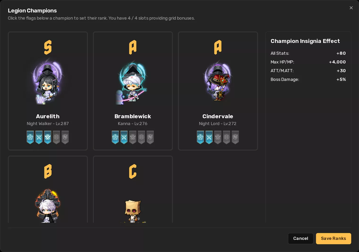 The Legion Champions dialog with champion cards, rank flags under each, and the Champion Insignia Effect totals on the right