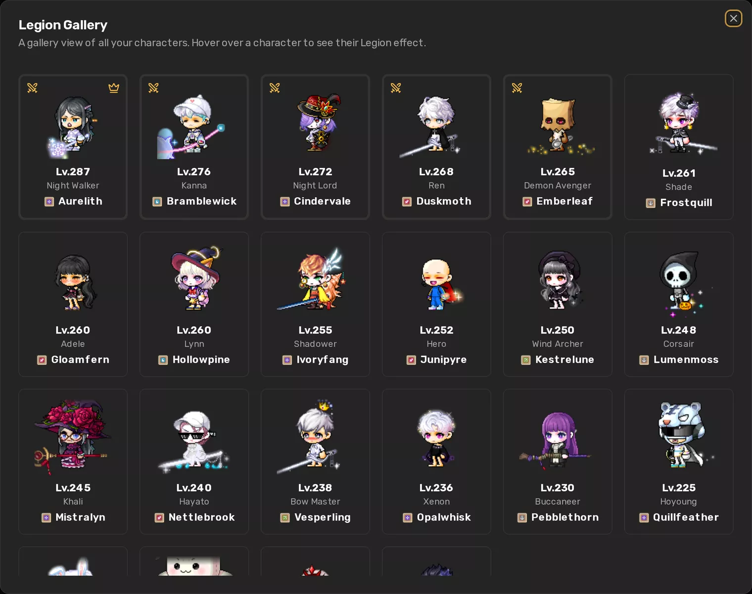 The Legion Gallery showing character cards with level, job and name