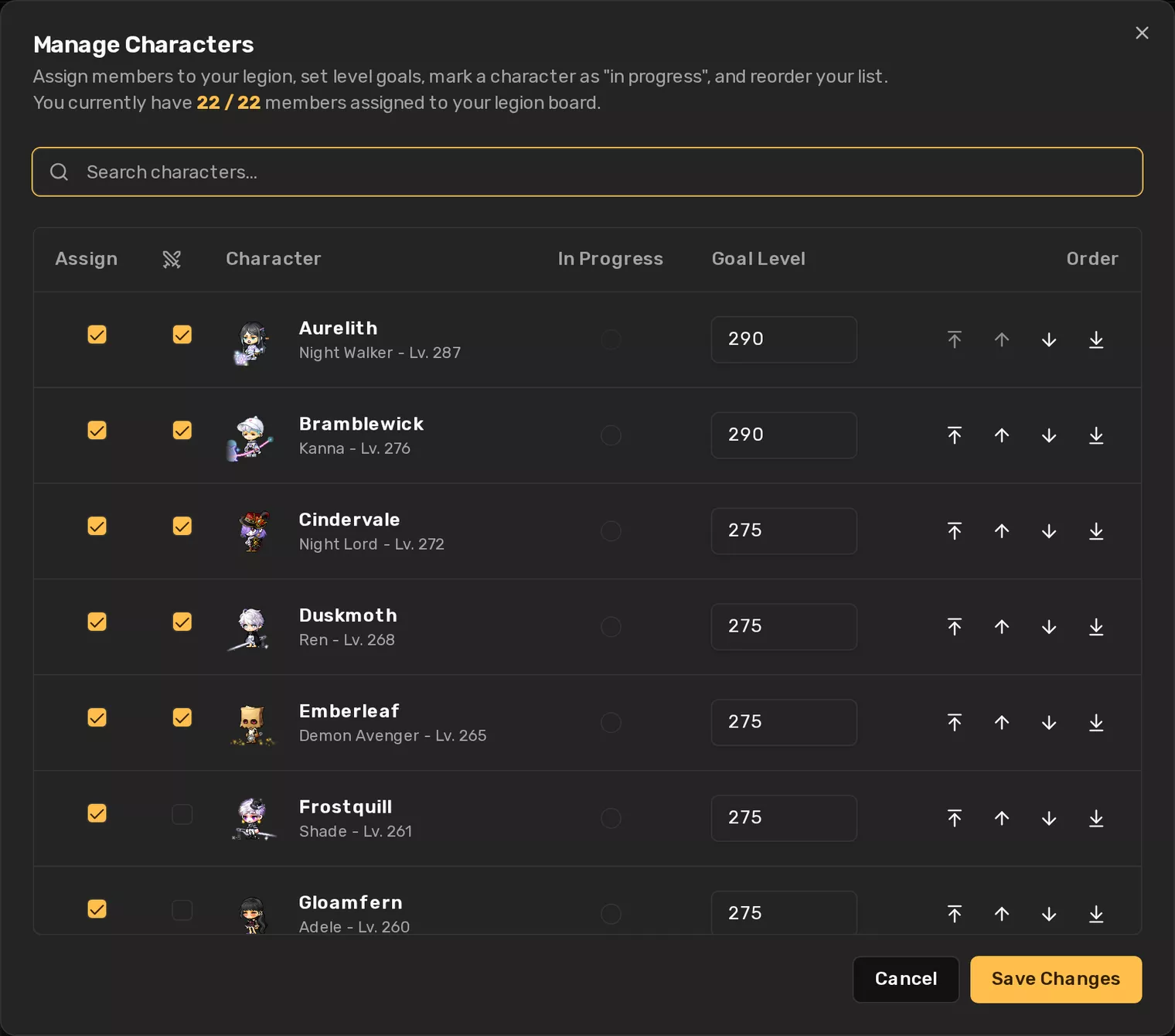 The Manage Characters dialog with Assign, Champion, In Progress, Goal Level and Order columns